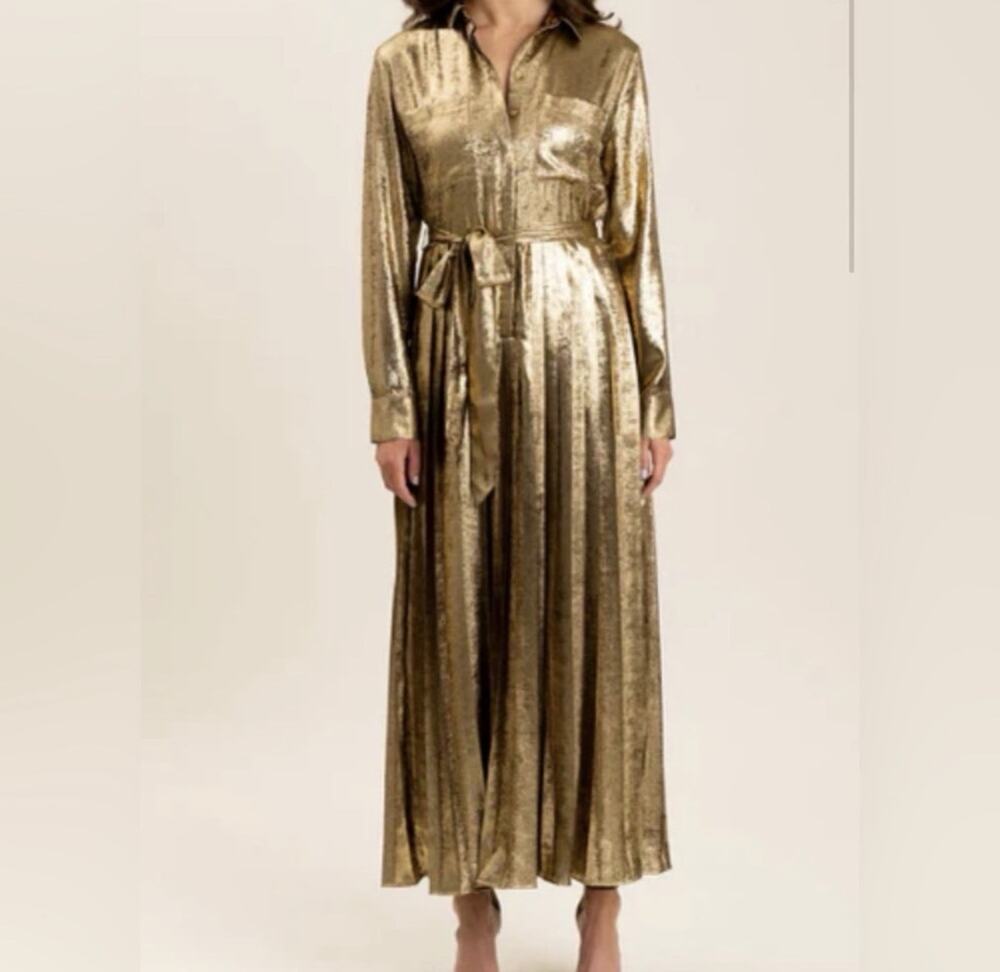 Alden Adair Women's Beige Metallic Bronze Long Shirt Maxi Dress Size XS